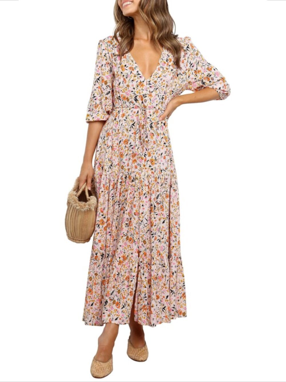Petal & Pup Kelda floral midi tiered dress pink cottagecore new X-Small XS